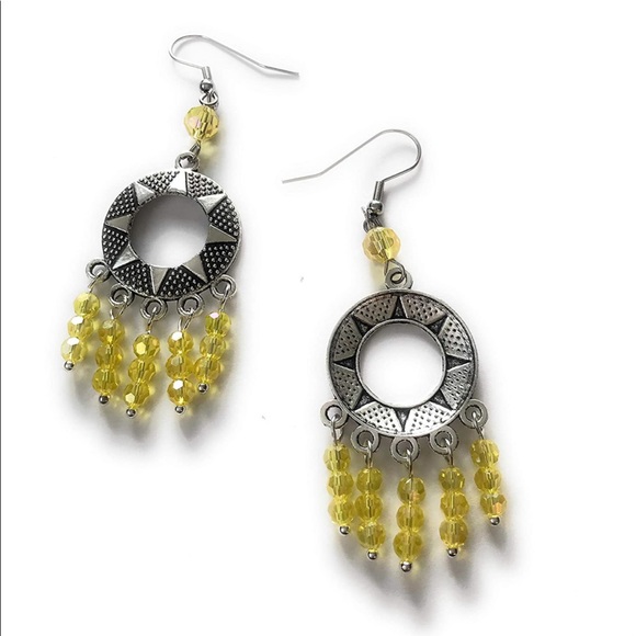Yellow Beaded Earrings for Women with Sun Pendant Charm - Picture 5 of 5
